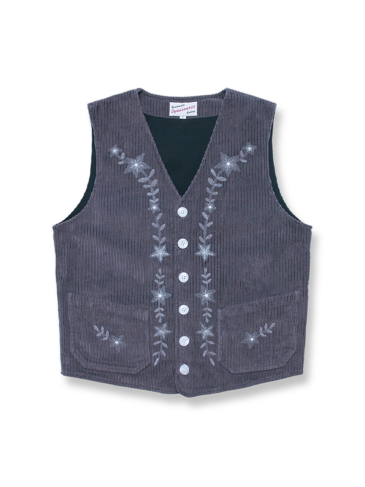 異なる糸の太さによる立体的な子母コーデュロイとコットン刺繍、純銅バックルと牛革ディテールが特徴のヴィンテージベスト。