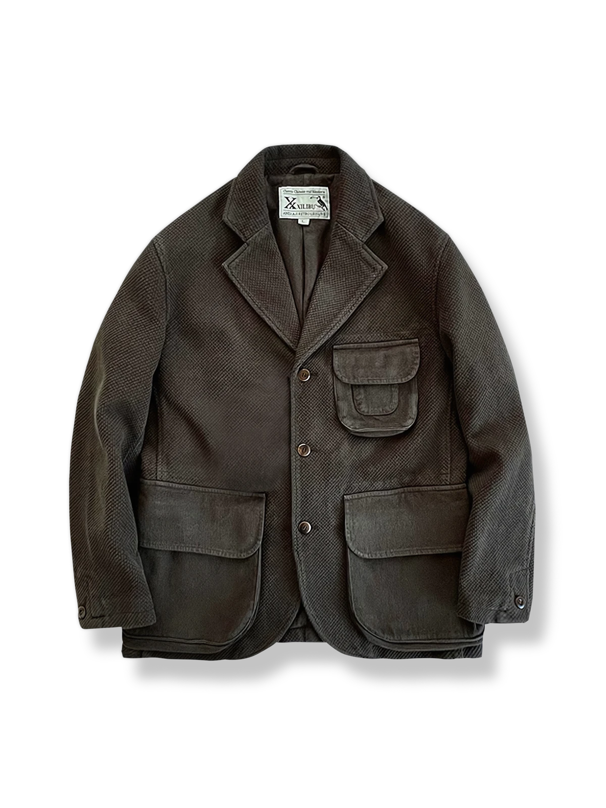 刺子ブラウン狩猟ジャケットのフロントスタイル