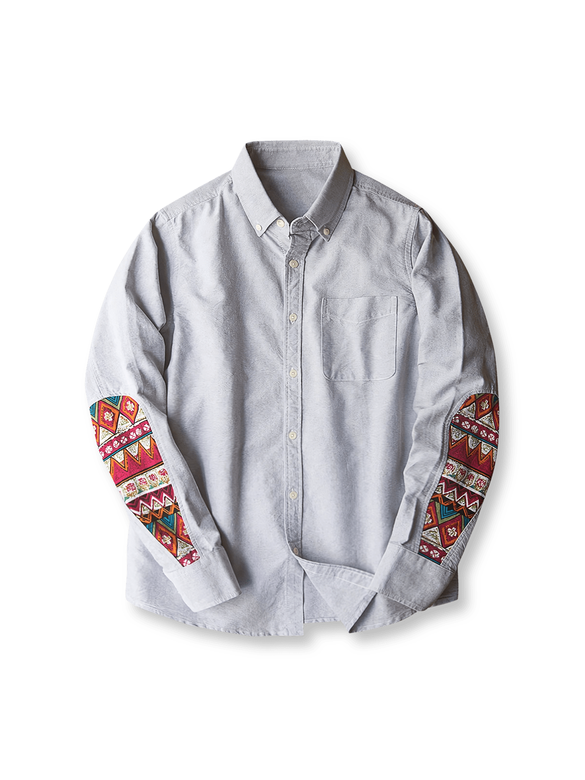 袖に民族風刺繍をあしらったオックスフォード生地の長袖シャツ