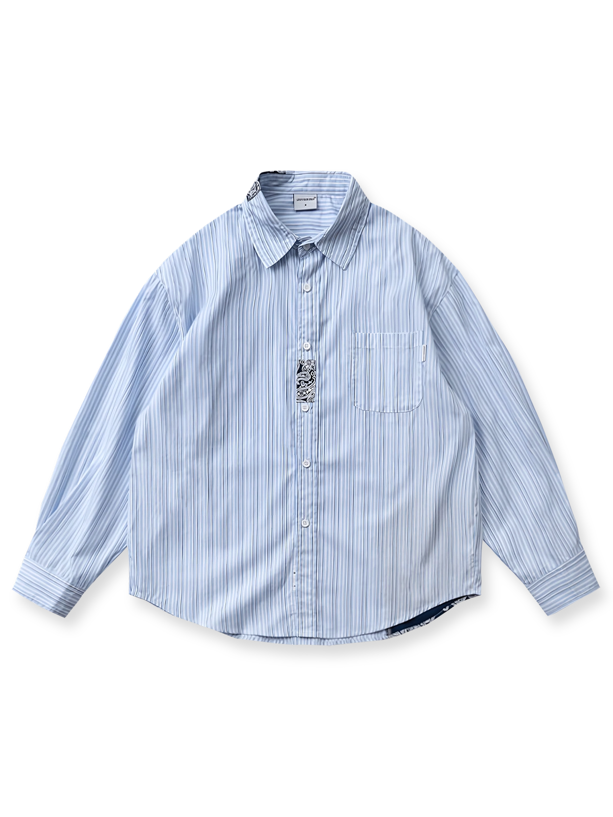 民族風ペイズリーとブルーストライプのパッチワーク長袖シャツ