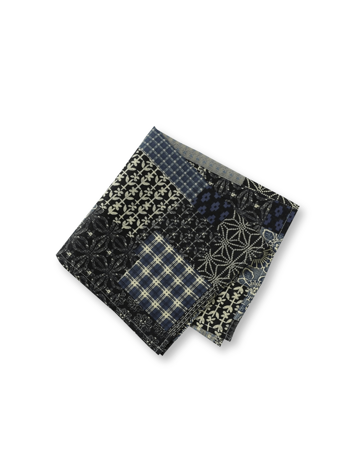 エスニック柄のパッチワークデザインを施した97%コットン混紡バンダナ。