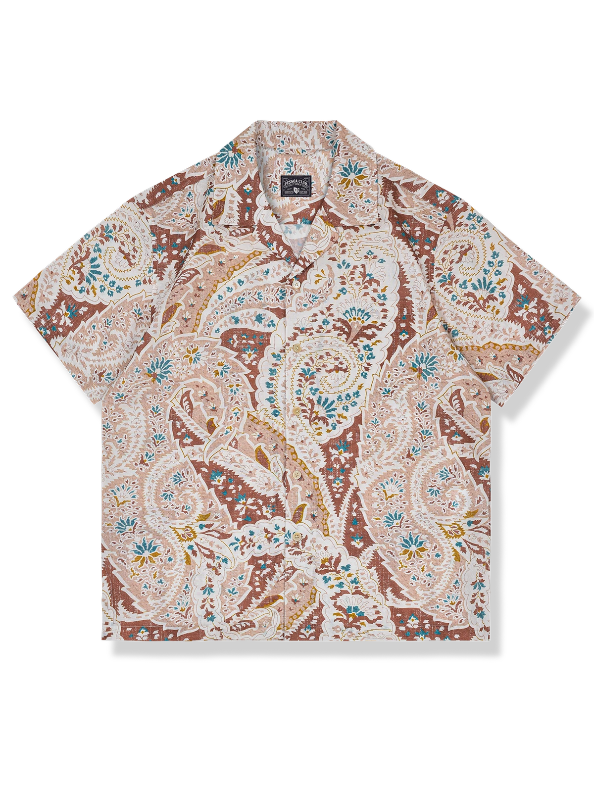 セルロース繊維と麻混紡の薄手素材とルーズフィットシルエットが特徴のエスニック調総柄アロハシャツ