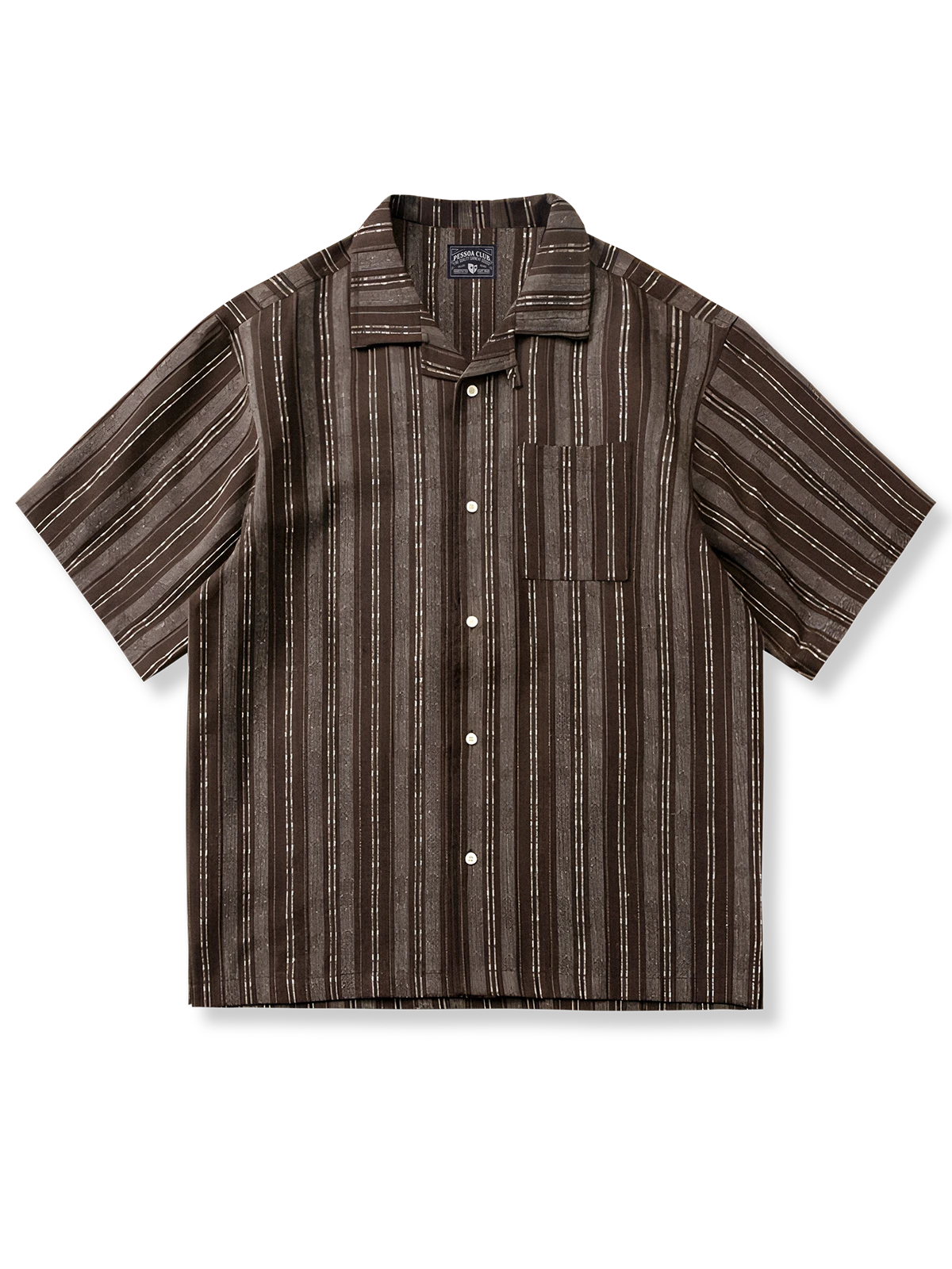 エスニックストライプの綿麻キューバカラーシャツ。