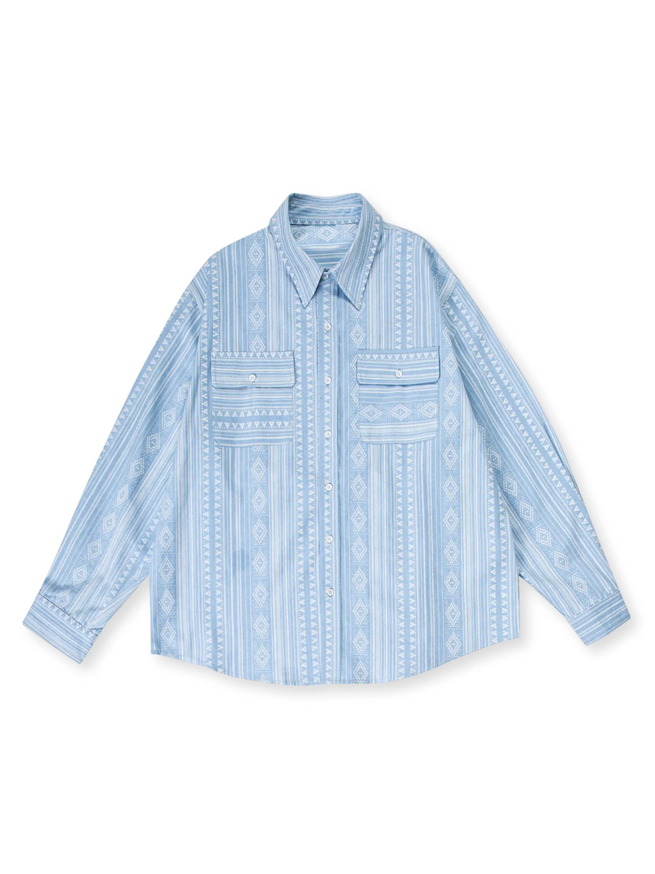 伝統的なネイティブ柄をモダンにアレンジしたストライプ長袖シャツ、秋のレイヤードスタイルに最適