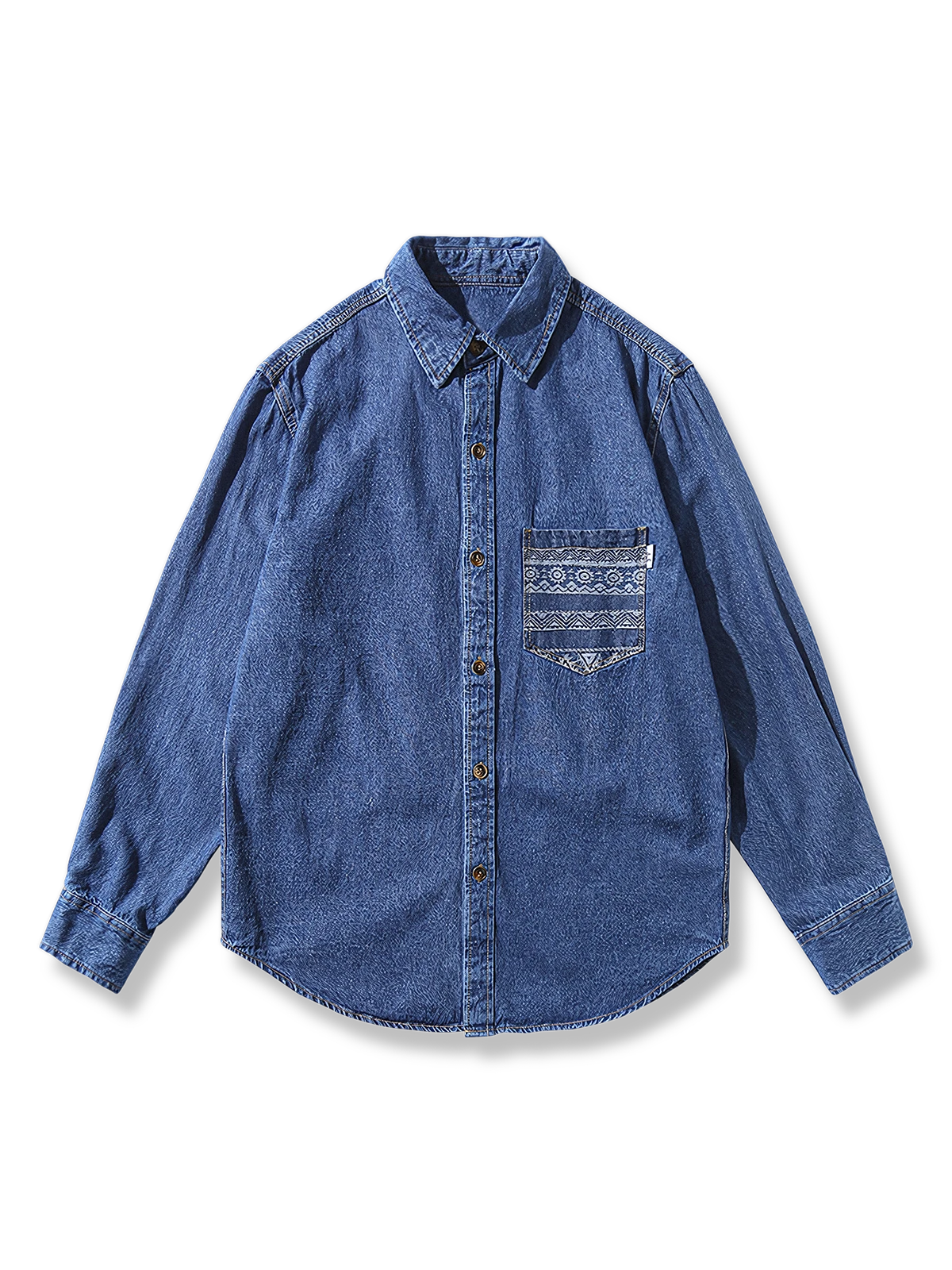民族風ポケット付きデニム長袖シャツ、スタンダードカラー、プリーツ加工、通気性コットン素材