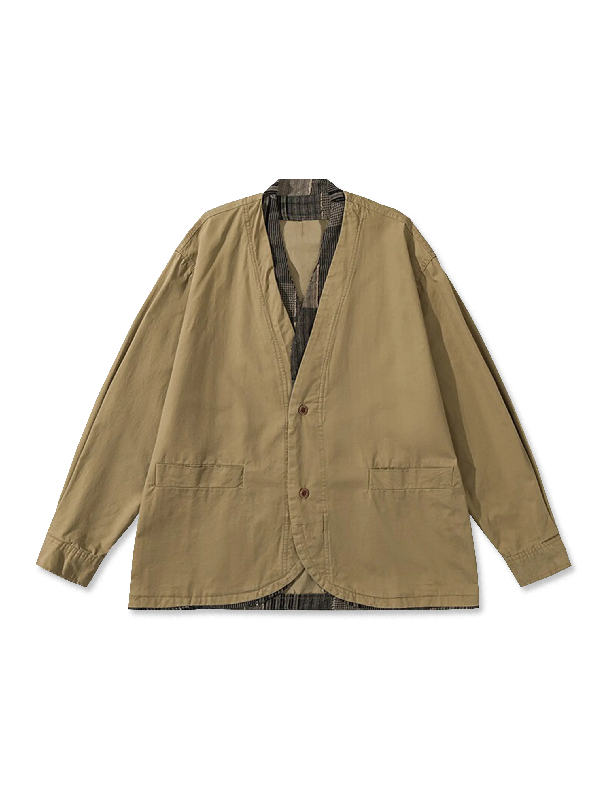 フェイク2in1ジャケット、内側チェック柄が特徴の高品質コットン素材の秋冬用ジャケット。シンプルでエレガントな襟元と実用的なポケット付き。