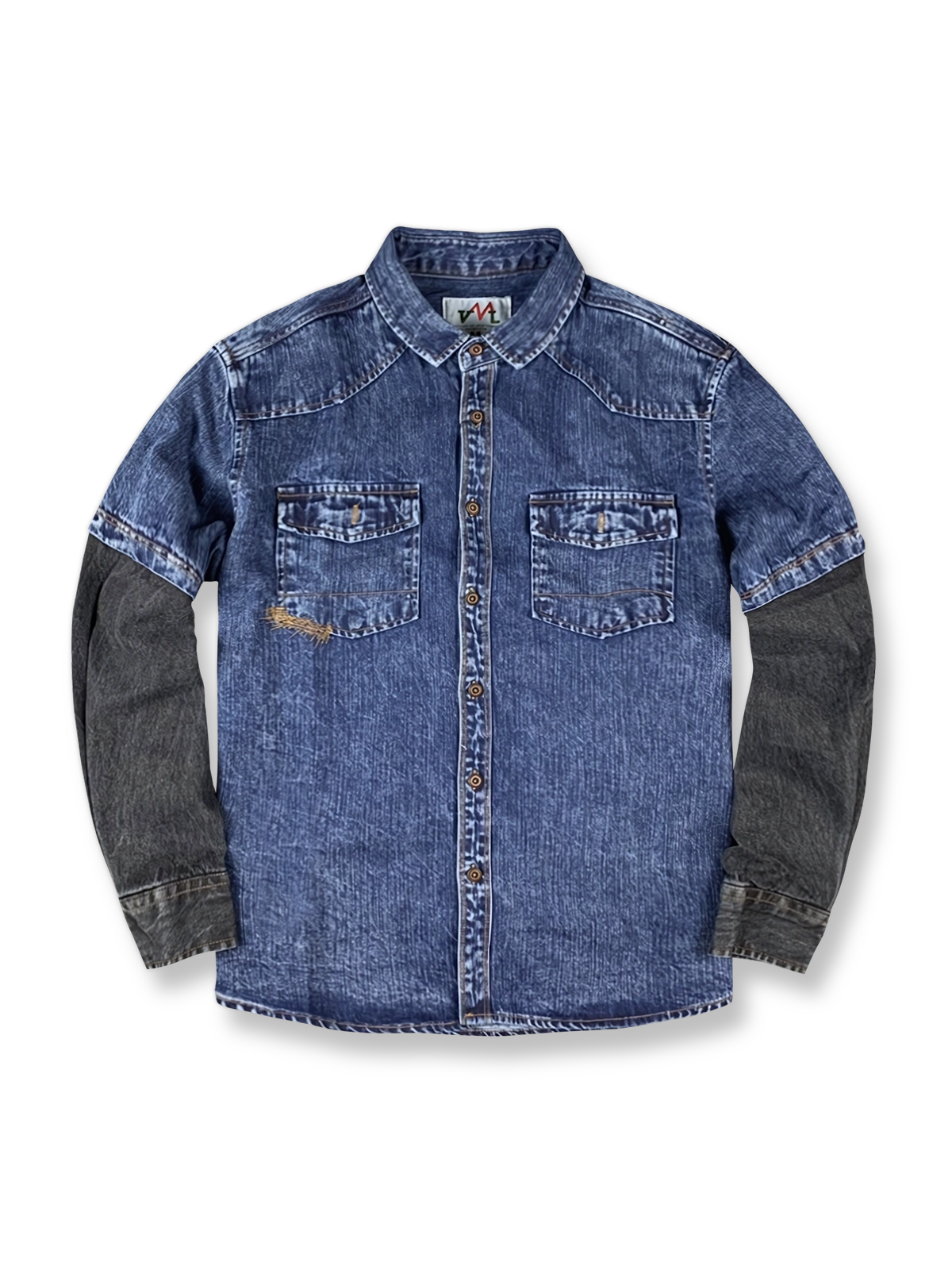 フェイクレイヤードとデニム切り替えが特徴のワークシャツ