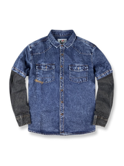 フェイクレイヤードとデニム切り替えが特徴のワークシャツ