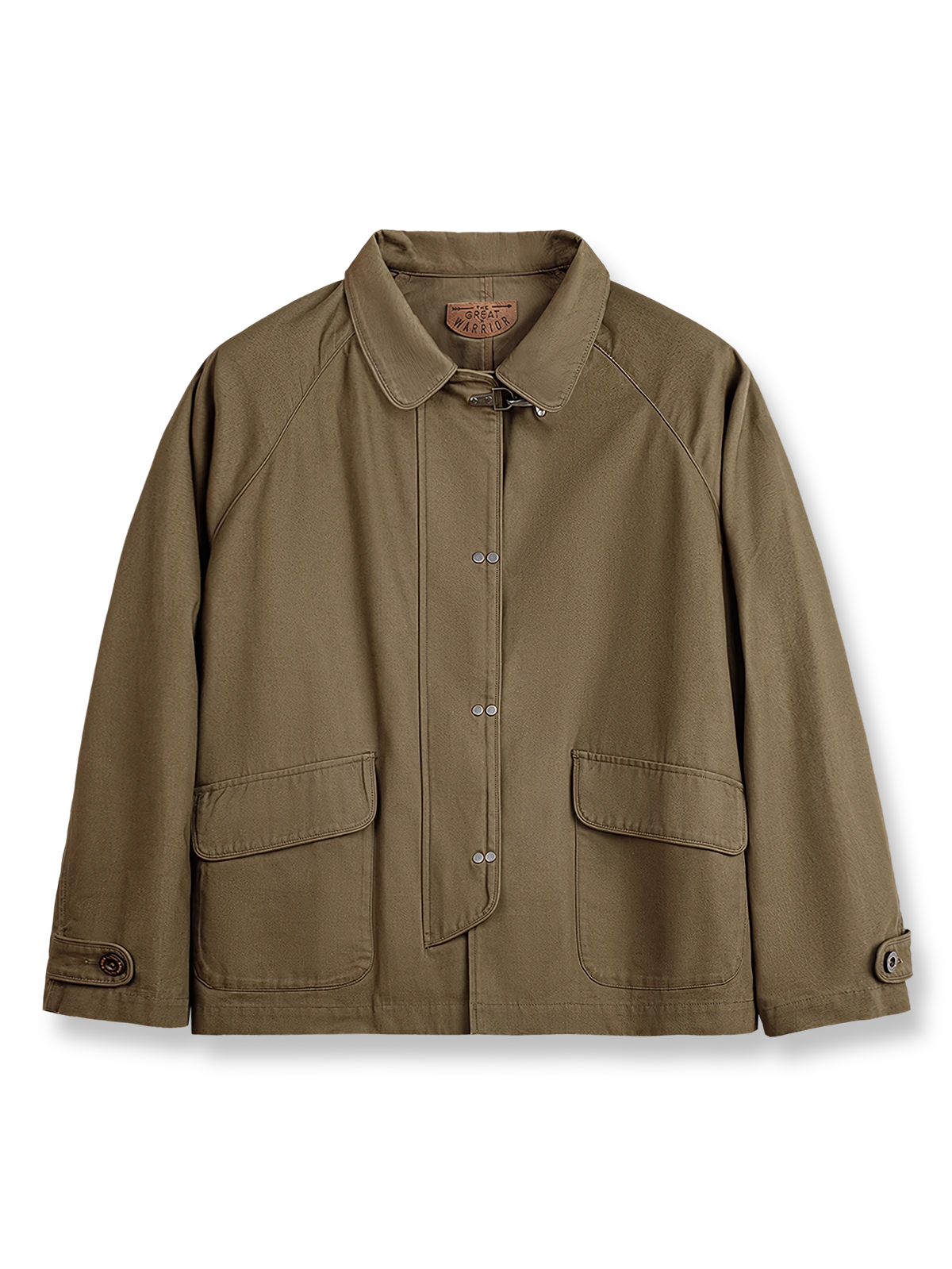 消防服風の金属バックルと厚手キャンバス素材が特徴のジャケット