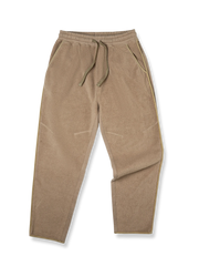 異素材切り替えデザインのフリースコンビスラックスの全体と生地ディテールを写した写真