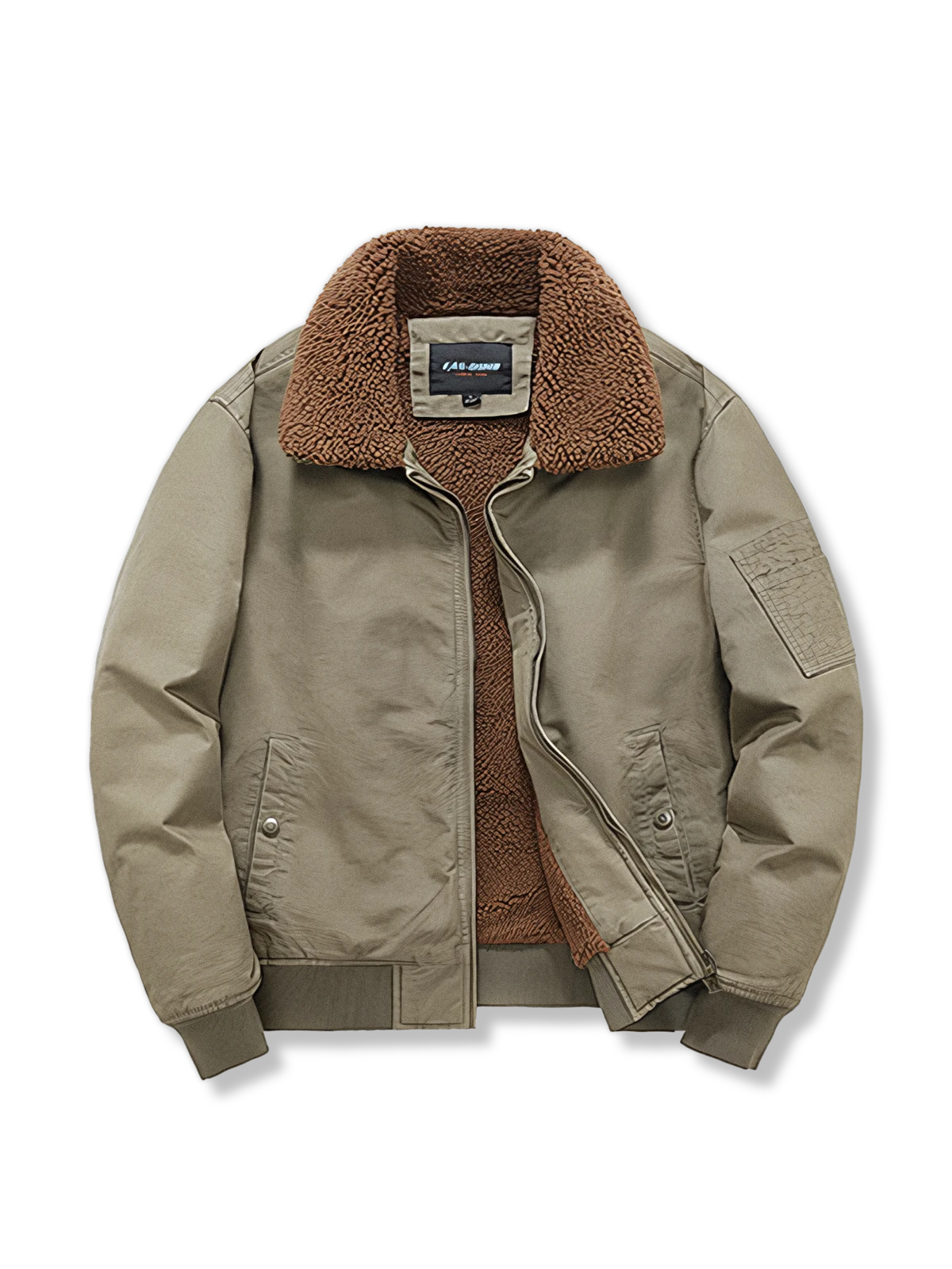 裏ボアフリース襟と大型ポケットを備えたコットンフライトジャケット。