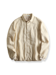 裏フリースライニングとリネン混紡素材が特徴のカジュアルジャケットの全体像。