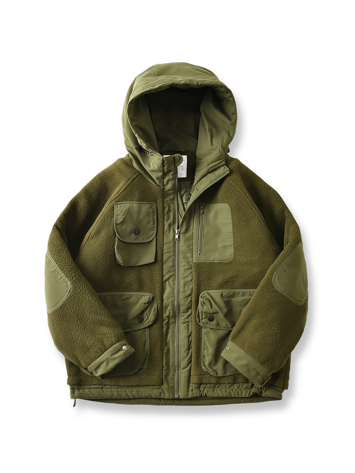 アメカジ風パッチワークと防風機能付きフードの中綿ジャケット。ダイヤ柄キルティング裏地と大容量ポケット付き。