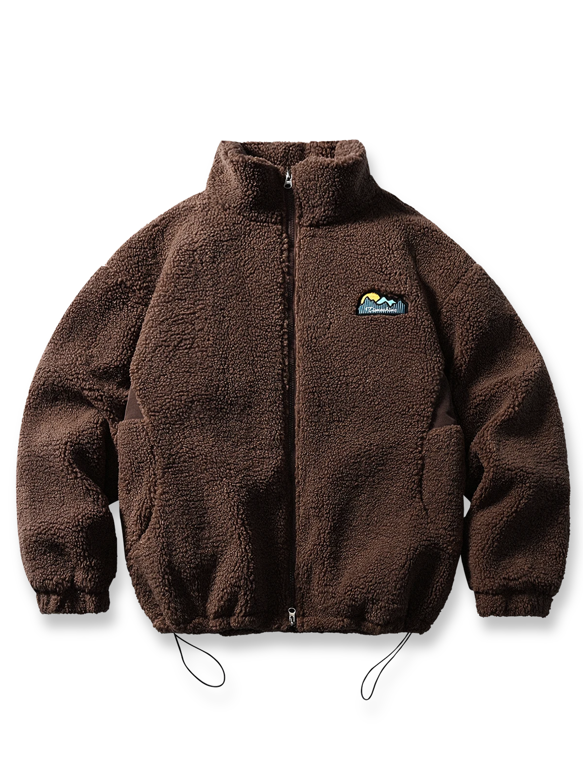 厚手フリース素材とスタンドカラーが特徴の中綿ジャケット。刺繍入りで裾ドローコード付き。