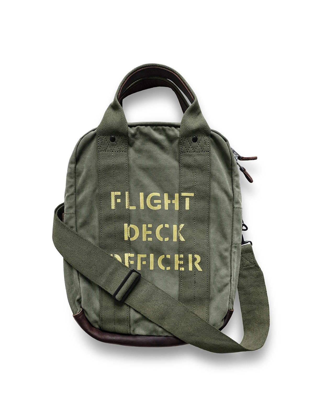 「FLIGHT DECK OFFICER」印字グリーンバッグ、カラーブロックキャンバス素材、耐久性抜群、ミリタリースタイル
