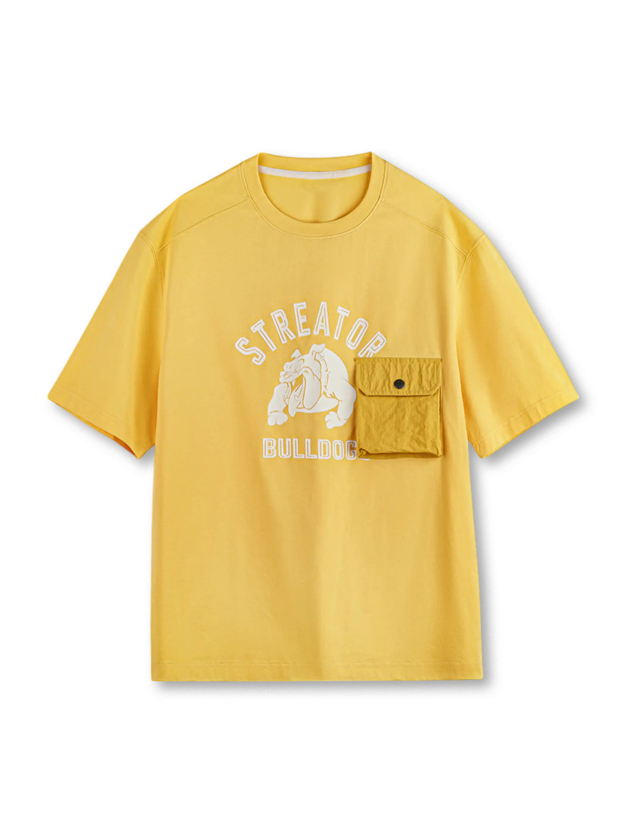 ブルドッグモチーフを高密度フロック加工で立体的に表現したポケット付きTシャツ