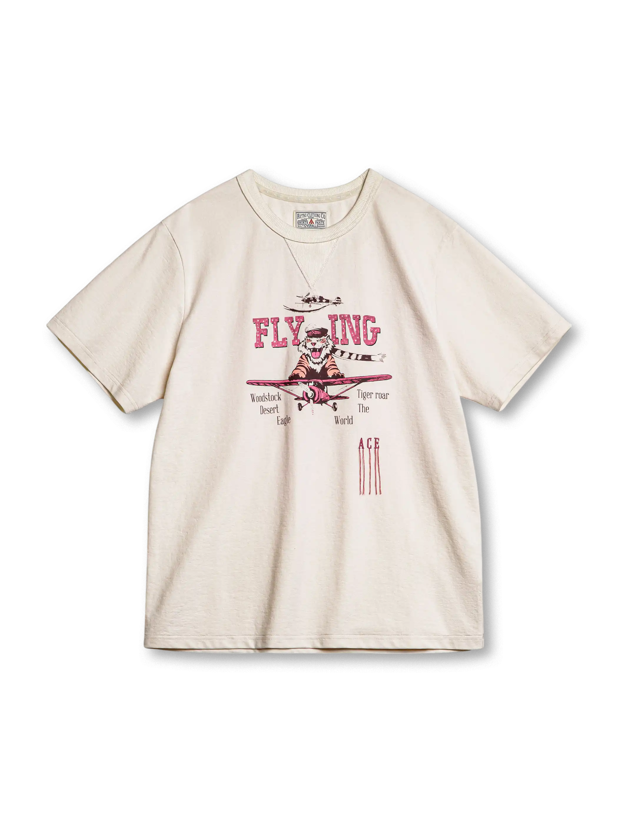 猛虎と戦闘機の大胆プリントが特徴の混紡素材Tシャツ。90年代ヴィンテージディテール付きで快適な着心地