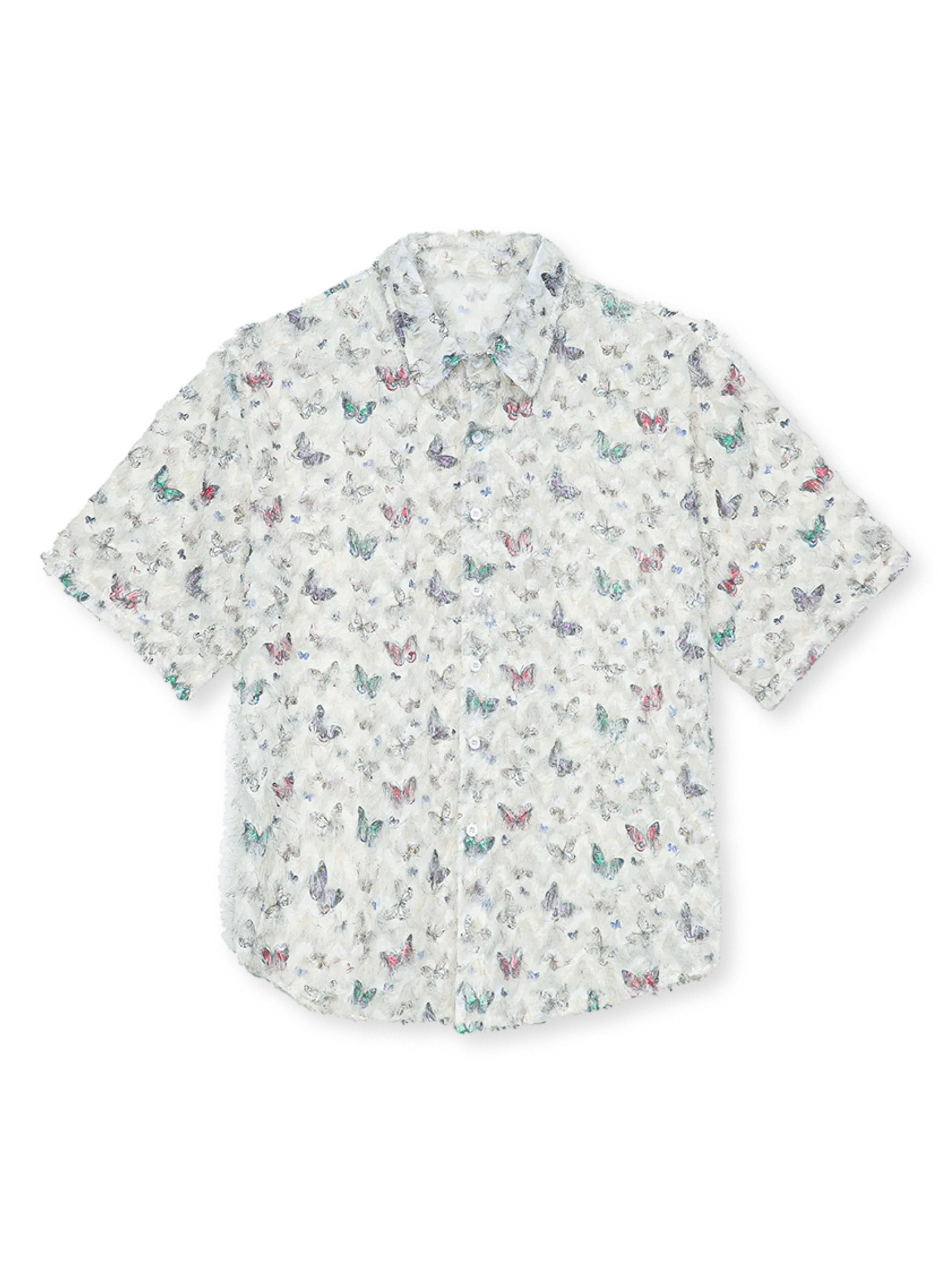 彩色蝶モチーフのジャカード織りとフリンジが特徴の上品なシャツ