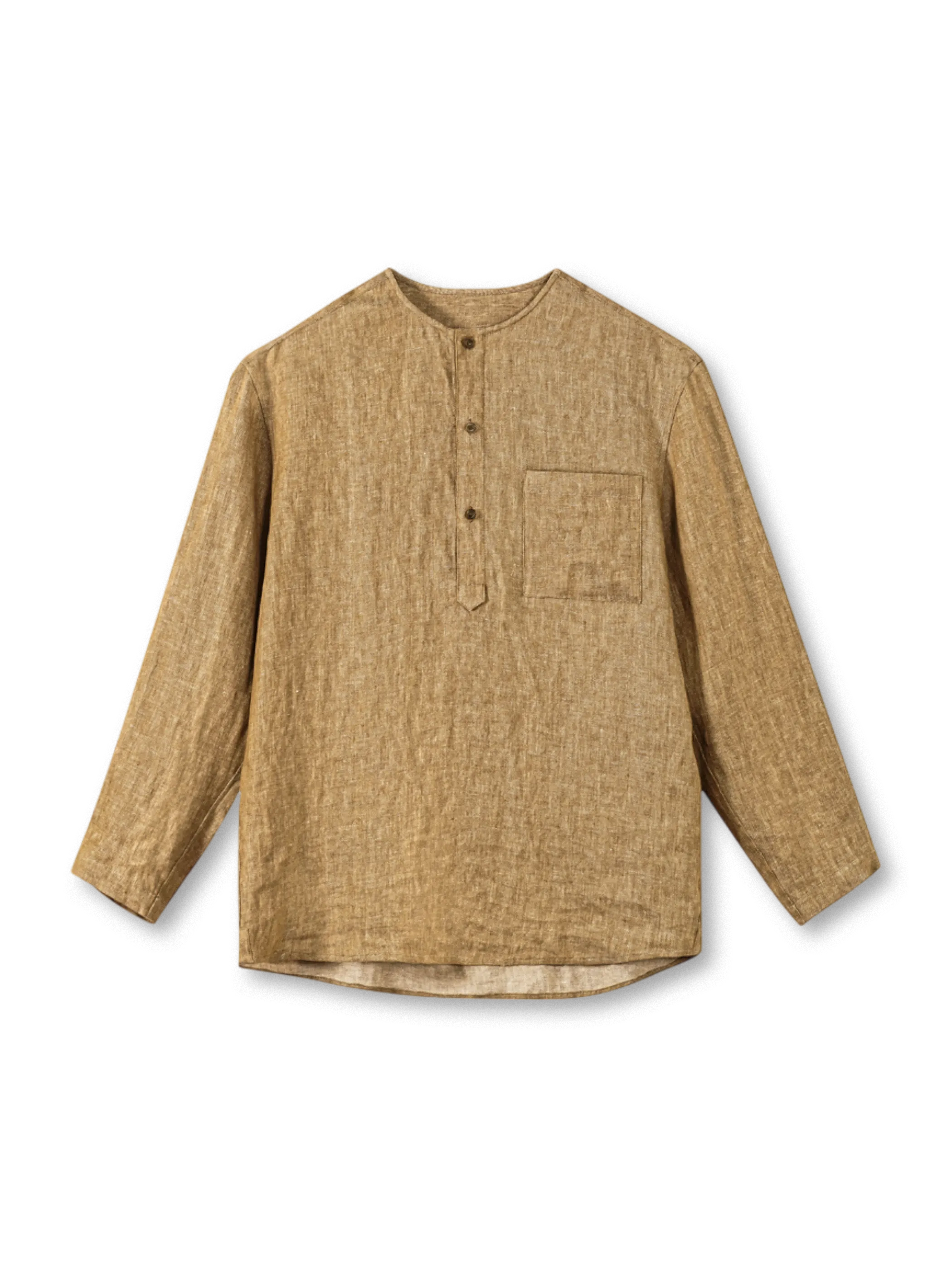 ヘリンボーン織りの高密度フレンチリネンと無構造ノーカラーが特徴のヘンリーネックシャツ