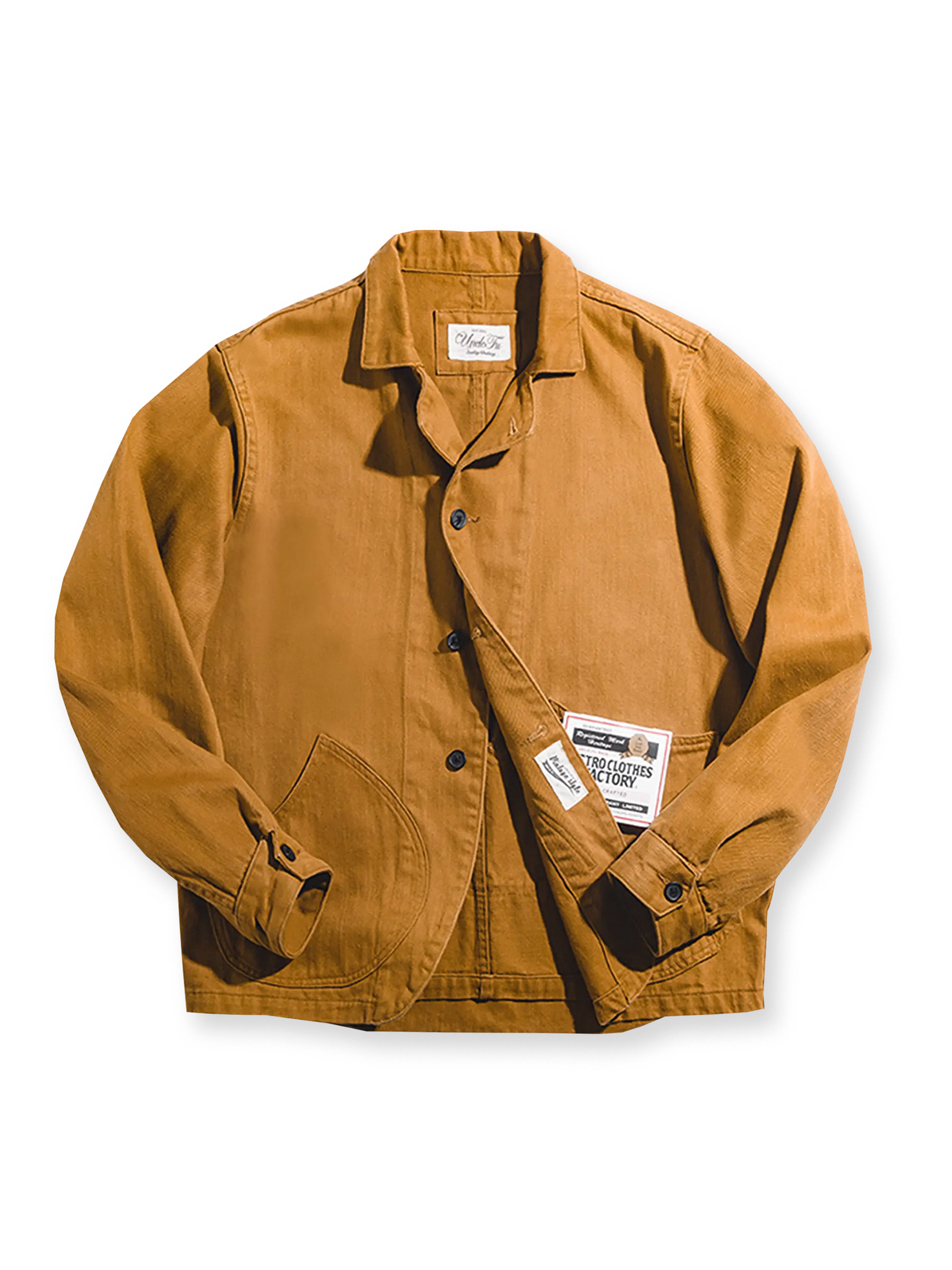 フレンチヴィンテージマルチポケットワークジャケット。竹節ツイルコットン生地を使用し、多機能ポケットとクラシックなノッチドラペルデザインが特徴。日常からアウトドアまで幅広く活躍。
