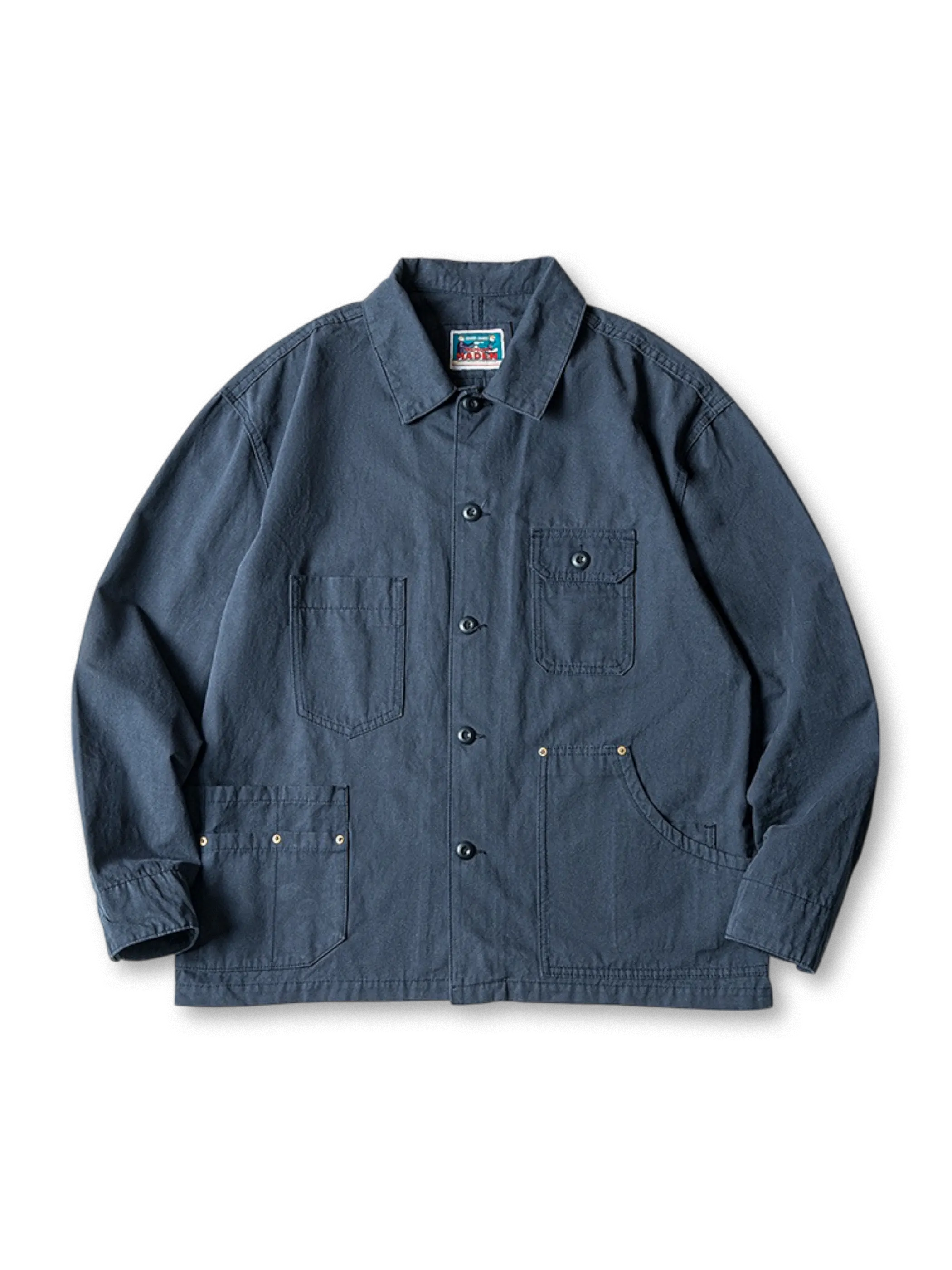 フレンチワーク伝統を活かした多ポケット付きネイビーヘビーウェイトコットンコーチジャケット