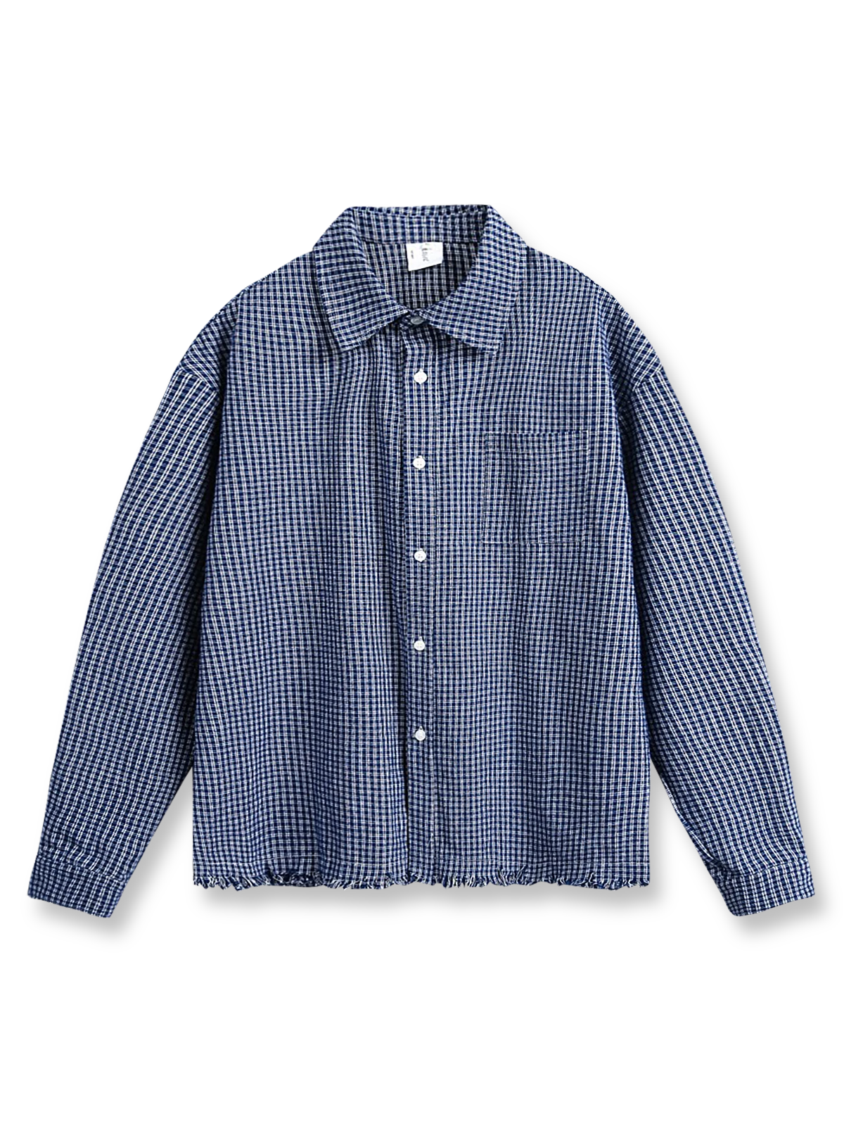 フリンジ加工チェック柄シャツの全体正面画像、フリンジヘムとチェック柄のディテール。