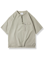 カラビナリング付き左胸ポケット、前後差フリル裾、綿ナイロン混紡、快適シルエット