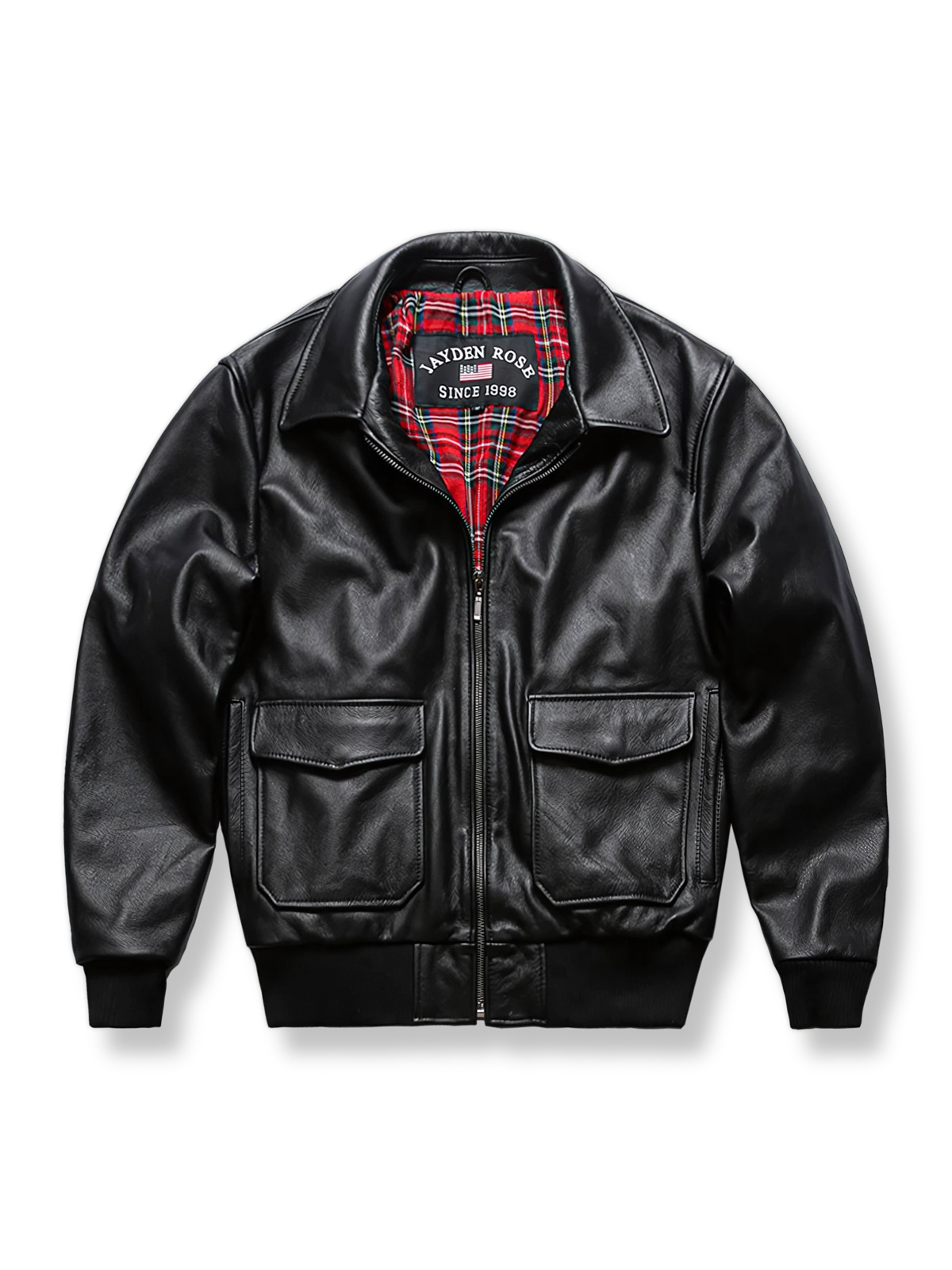 内側チェック裏地付きトップグレード牛革のG-1フライトジャケット。