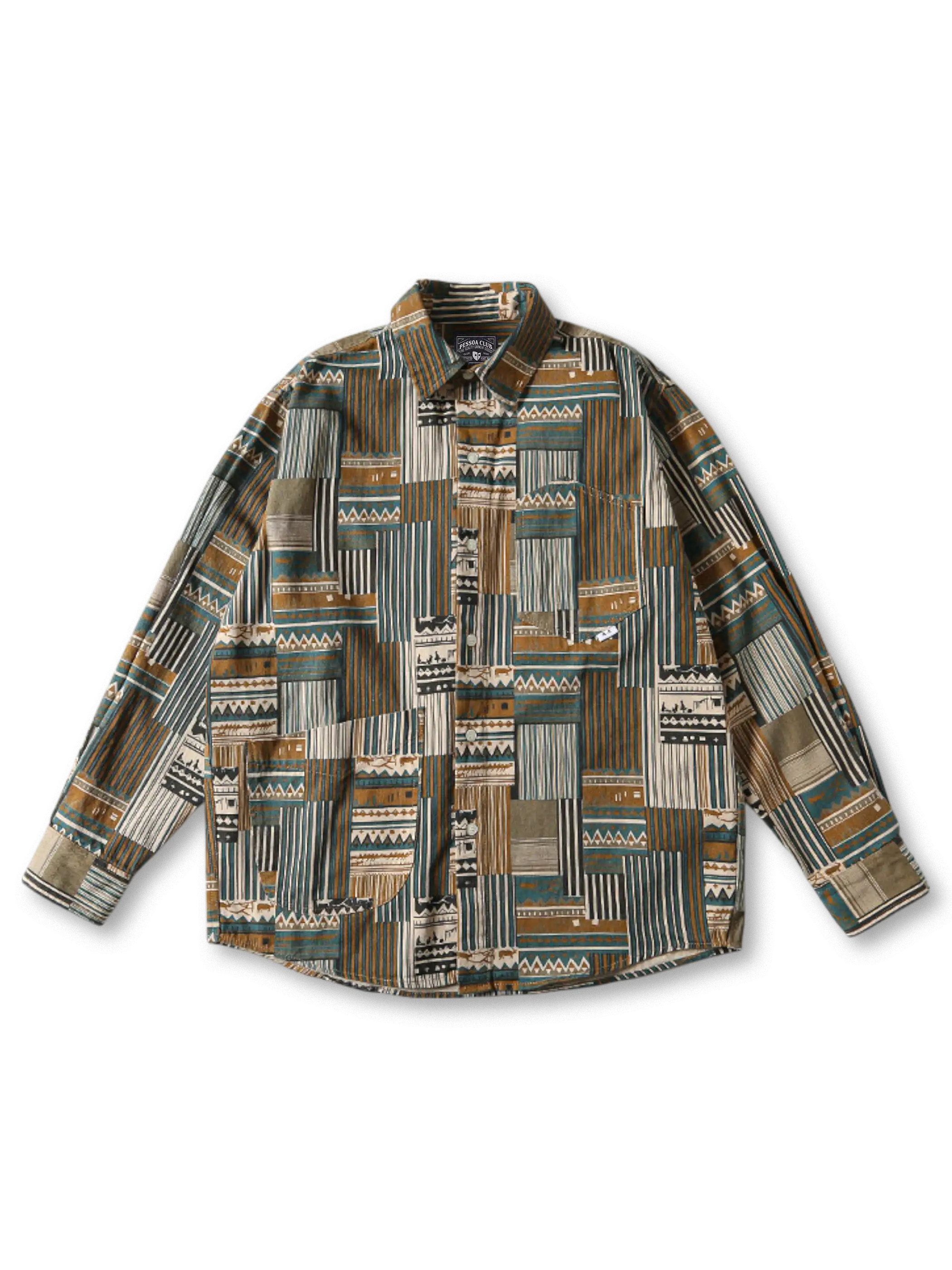 幾何学パネルプリントとドロップショルダーが映える長袖シャツ