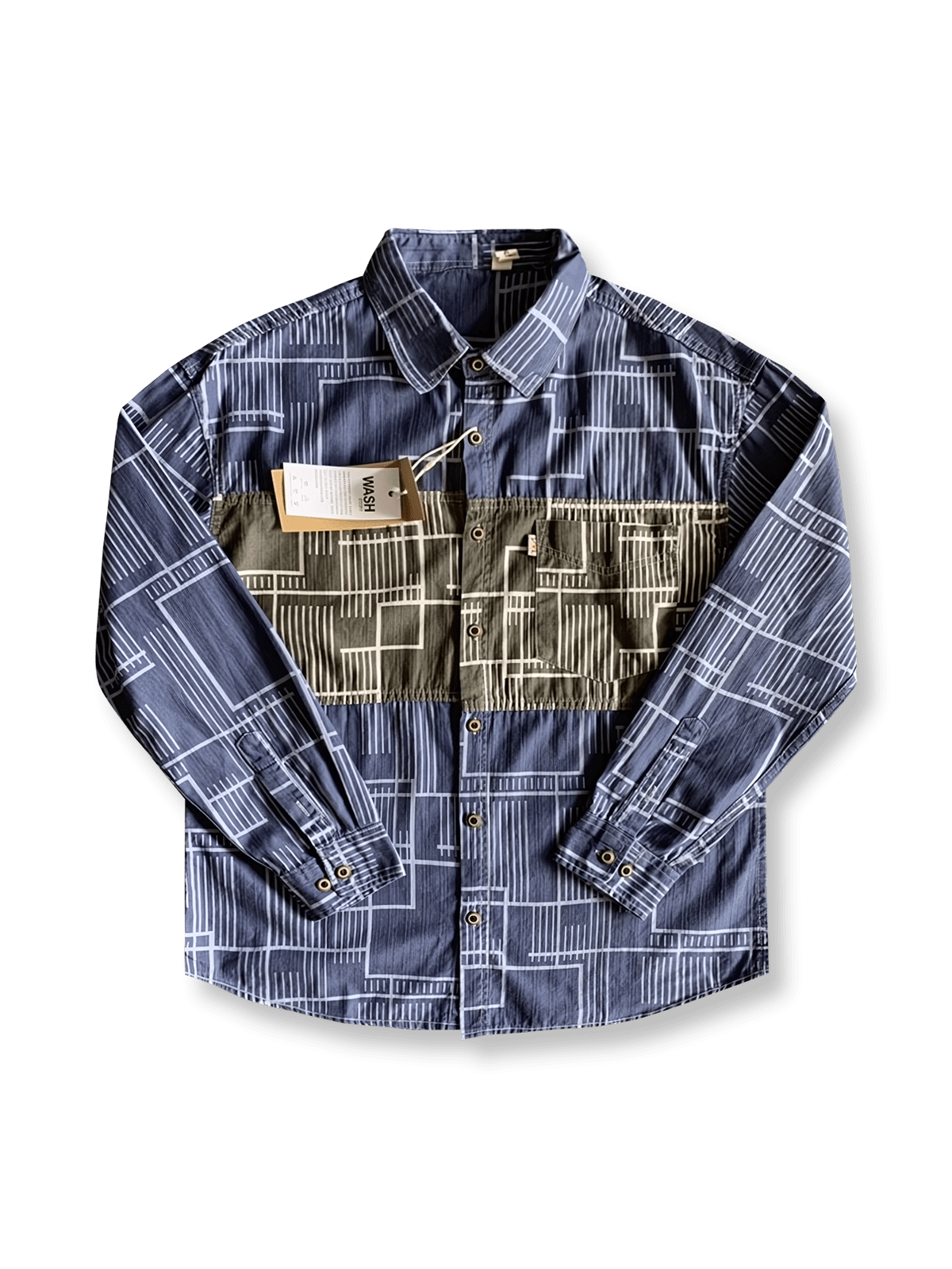 幾何学模様のパッチワークが施されたコットンシャツ