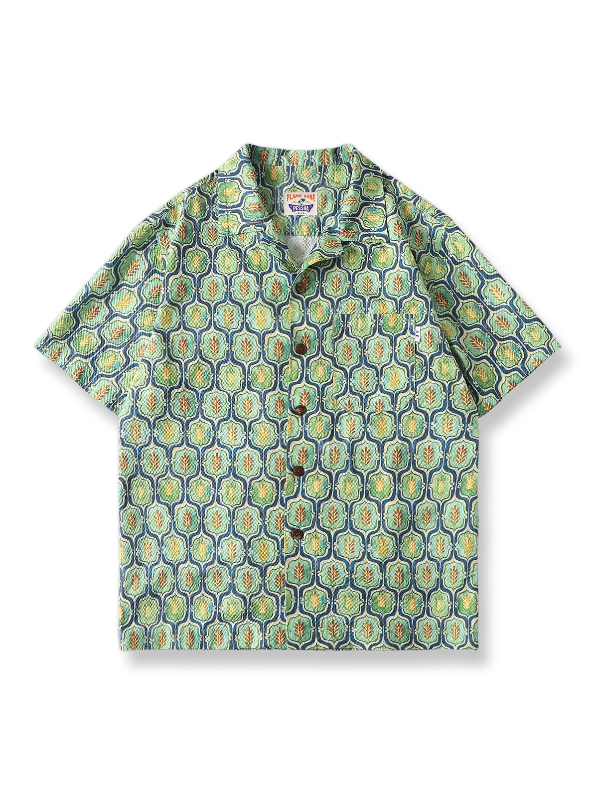 幾何学柄プリントと開襟デザインが特徴のレーヨン混紡アロハシャツ