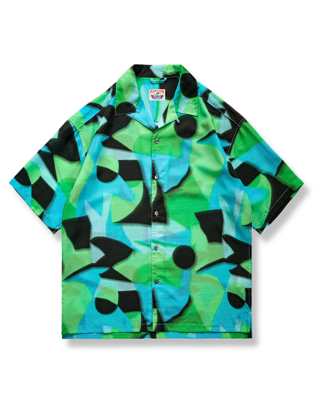 ジオメトリックスタイルアロハシャツ、緑基調、デジタルプリント、テンセル素材、ルーズフィット