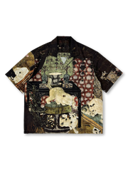 宋代名画《戲猫図》をデジタルジャカードで表現したリヨセル素材のキューバシャツ、涼感ある軽やかな着心地