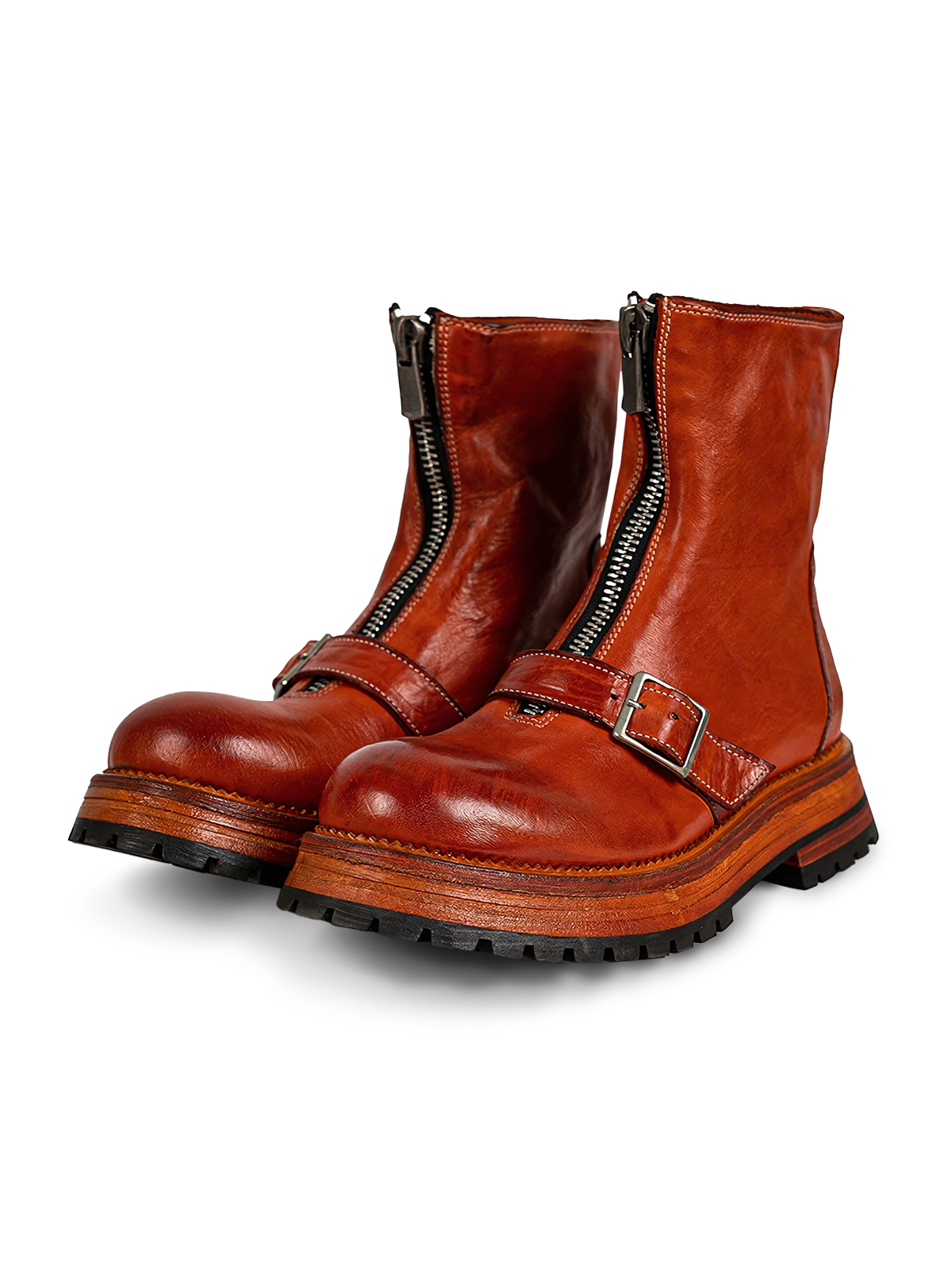 ゴアテックス搭載のレッド馬革ワークブーツ with 前面ジッパー