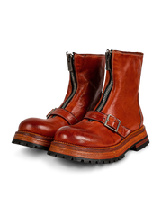 ゴアテックス搭載のレッド馬革ワークブーツ with 前面ジッパー