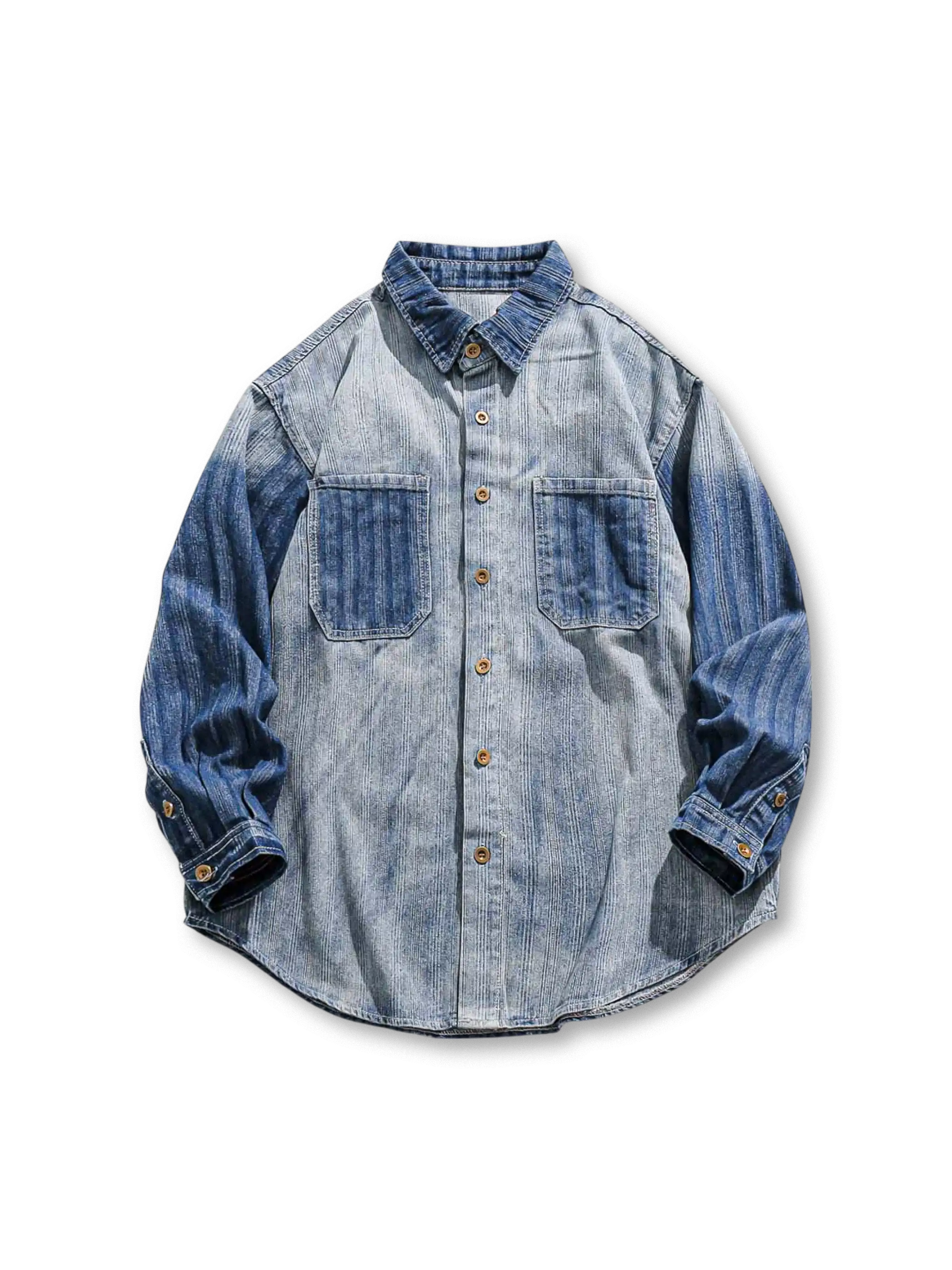 グラデーションバイダイ加工を施したヴィンテージ風ストライプデニムワークシャツ