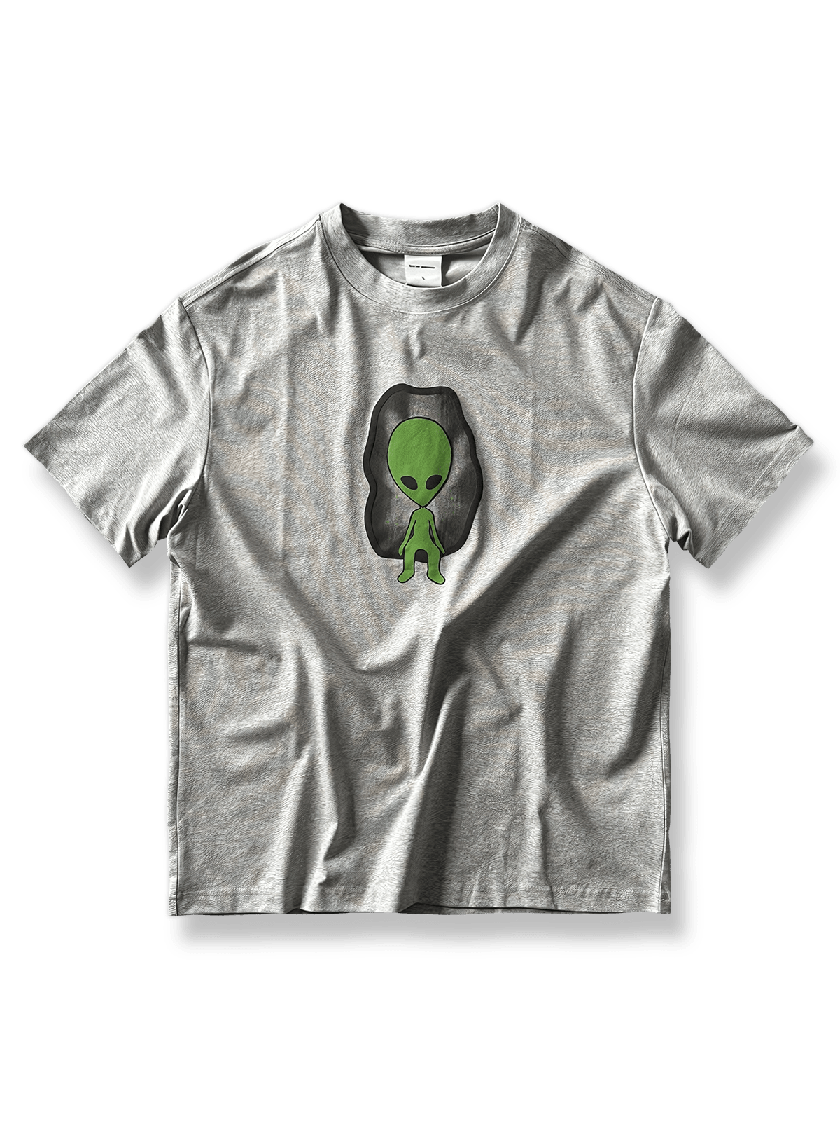 ヴィンテージウォッシュ加工とグレイプリントの半袖Tシャツ