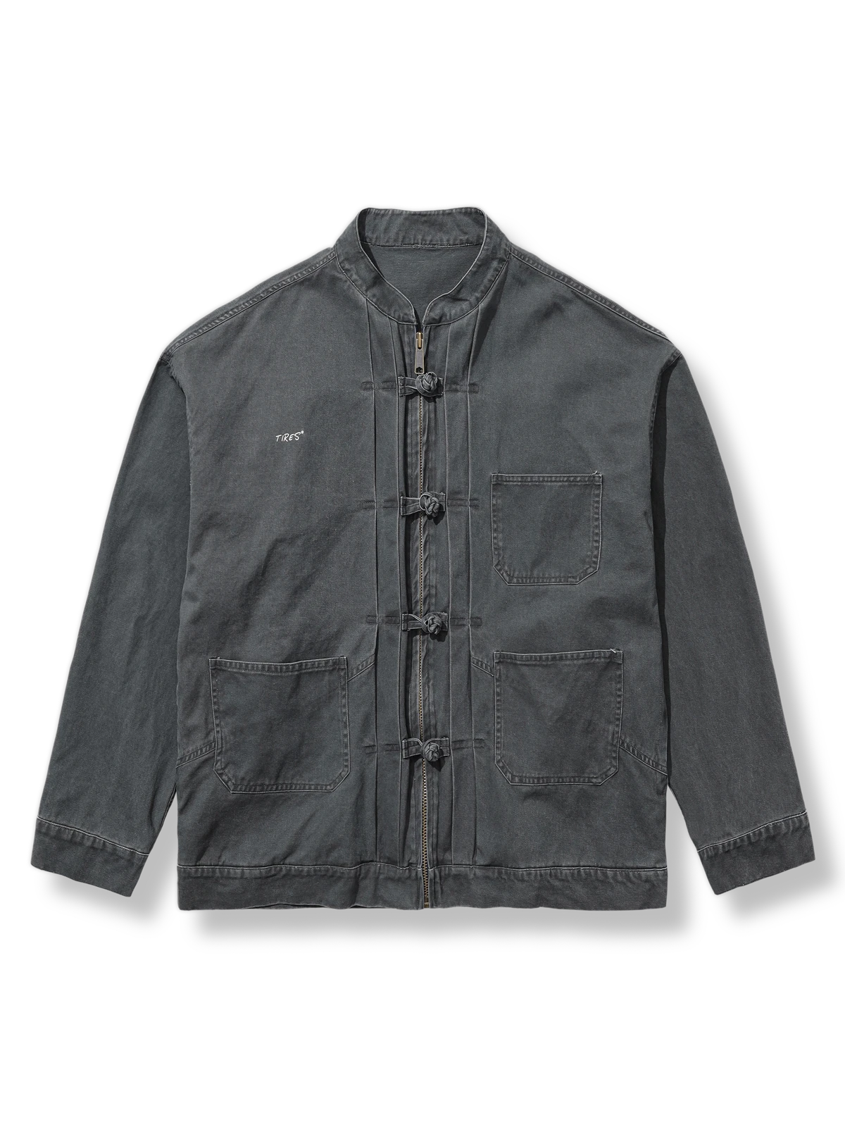 グレーヴィンテージウォッシュ加工を施した立ち襟の中国風ジャケット