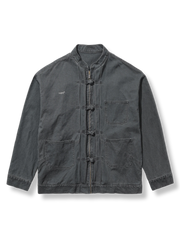 グレーヴィンテージウォッシュ加工を施した立ち襟の中国風ジャケット