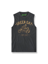 Green Day Tシャツ前面のヴィンテージバイク図柄、パンクスタイルTシャツ