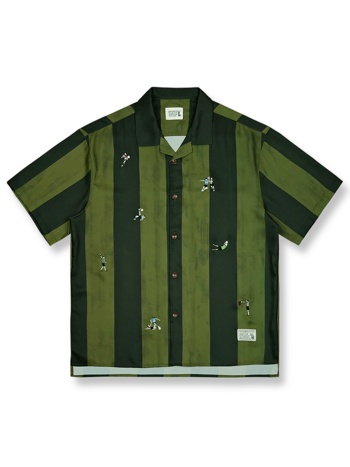 緑のストライプとサッカー選手刺繍が特徴のポリエステル混紡アロハシャツ