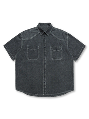 酵素洗いで色落ちさせたグリッド織りコットン生地の多ポケット半袖シャツ、男女兼用のリラックスシルエット