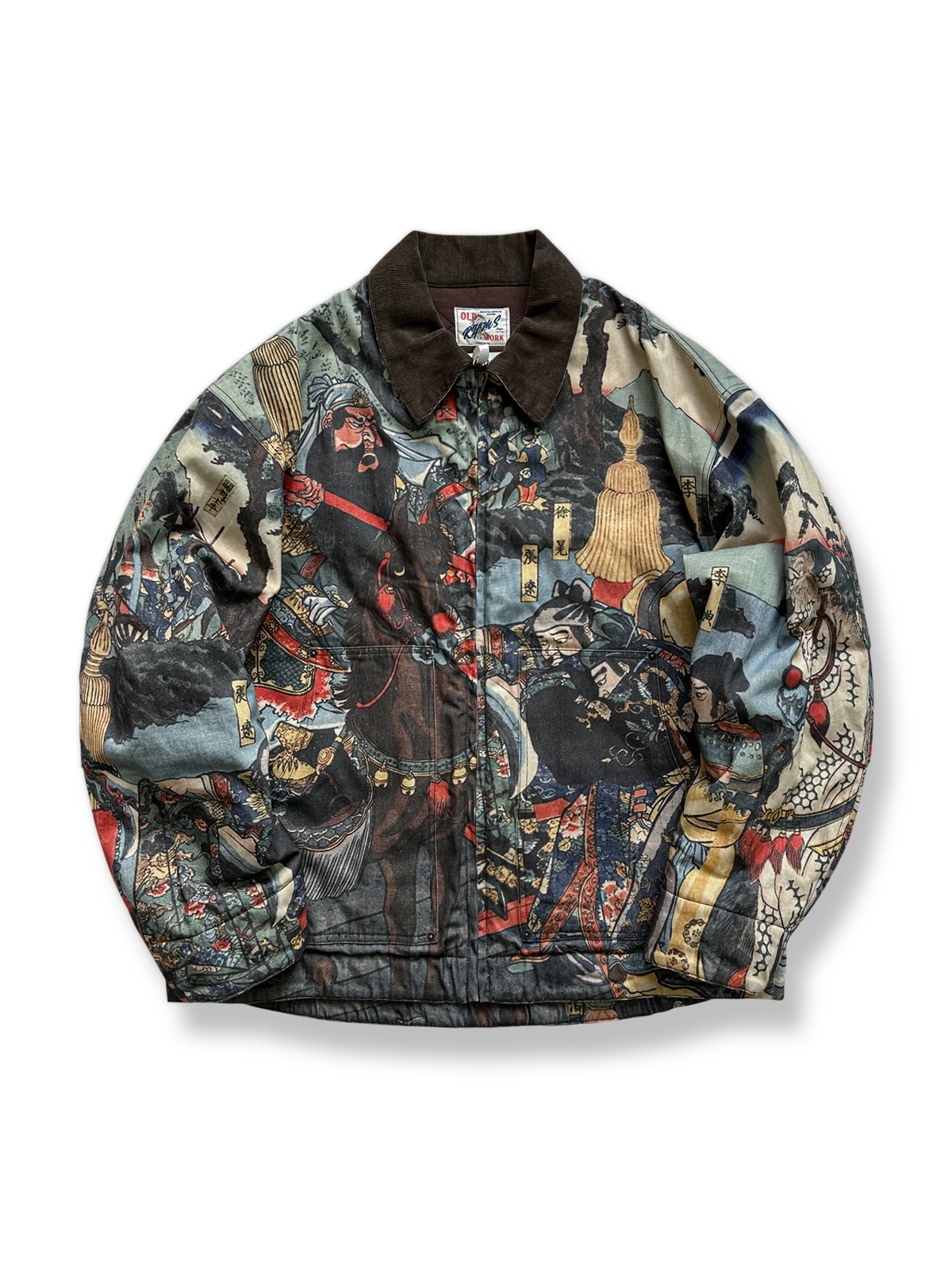 関羽のプリントとダークコーデュロイを組み合わせた中綿ジャケット