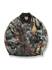 関羽のプリントとダークコーデュロイを組み合わせた中綿ジャケット