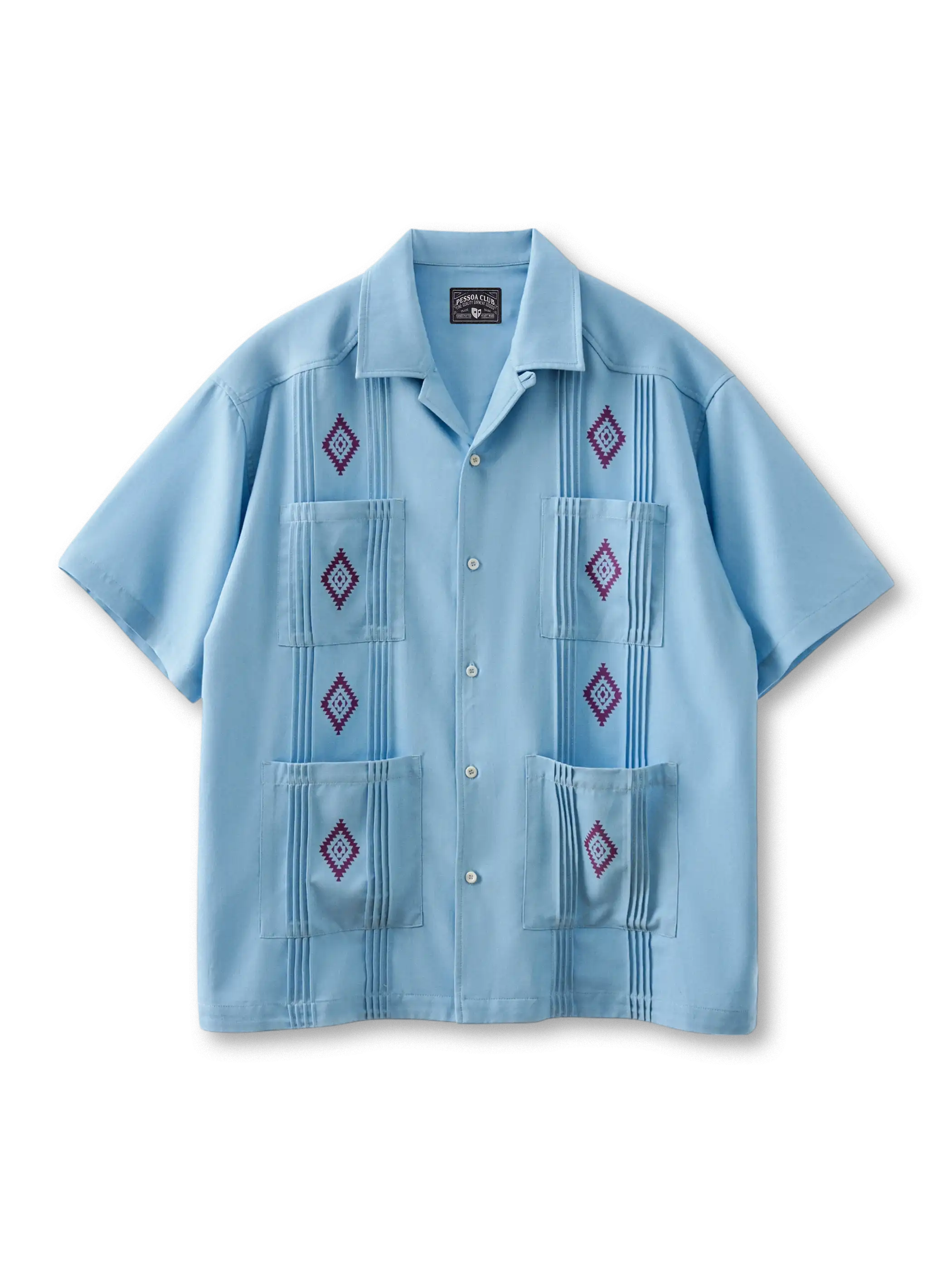 デニムライク生地にカラープリントを施した4ポケットグアヤベラキューバカラーシャツ