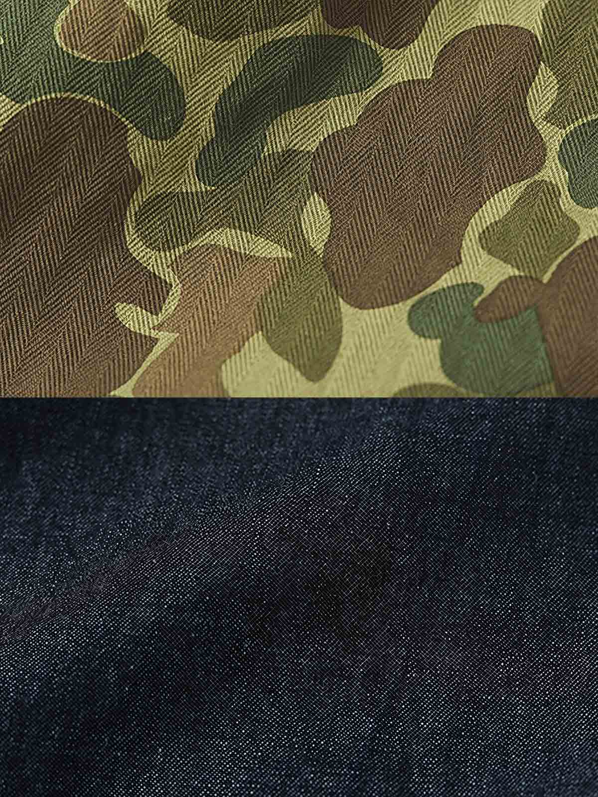 製品画像: 迷彩柄ツイルデニム生地の砲兵防護プルオーバーパーカー復刻バージョンの正面画像。
詳細画像: 大きなフードと三層前立てデザインのディテール特写。機能性とヴィンテージ感が際立つディテール。