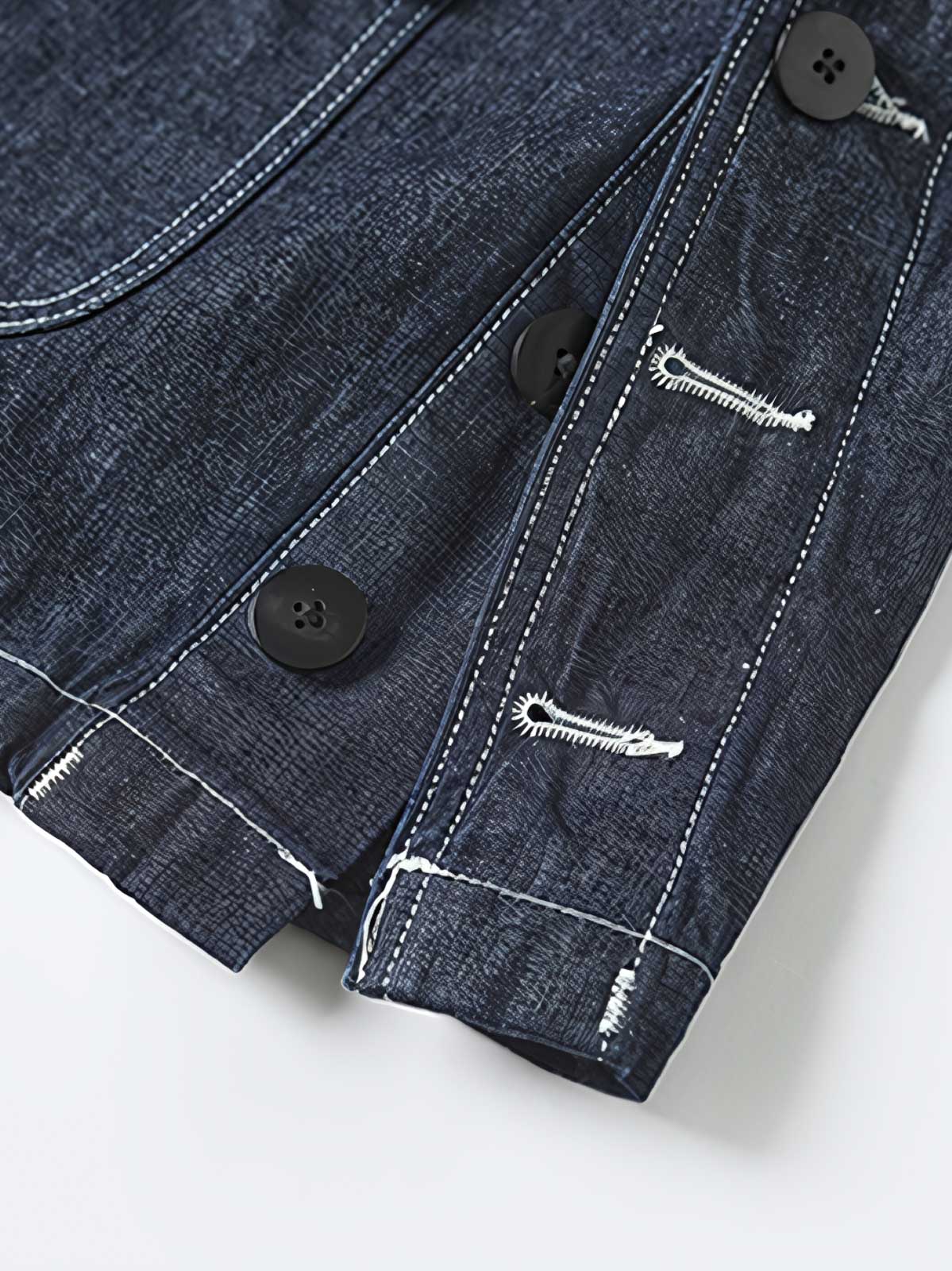 製品画像: 迷彩柄ツイルデニム生地の砲兵防護プルオーバーパーカー復刻バージョンの正面画像。
詳細画像: 大きなフードと三層前立てデザインのディテール特写。機能性とヴィンテージ感が際立つディテール。