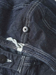 製品画像: 迷彩柄ツイルデニム生地の砲兵防護プルオーバーパーカー復刻バージョンの正面画像。
詳細画像: 大きなフードと三層前立てデザインのディテール特写。機能性とヴィンテージ感が際立つディテール。