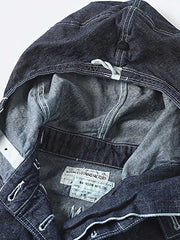 製品画像: 迷彩柄ツイルデニム生地の砲兵防護プルオーバーパーカー復刻バージョンの正面画像。
詳細画像: 大きなフードと三層前立てデザインのディテール特写。機能性とヴィンテージ感が際立つディテール。