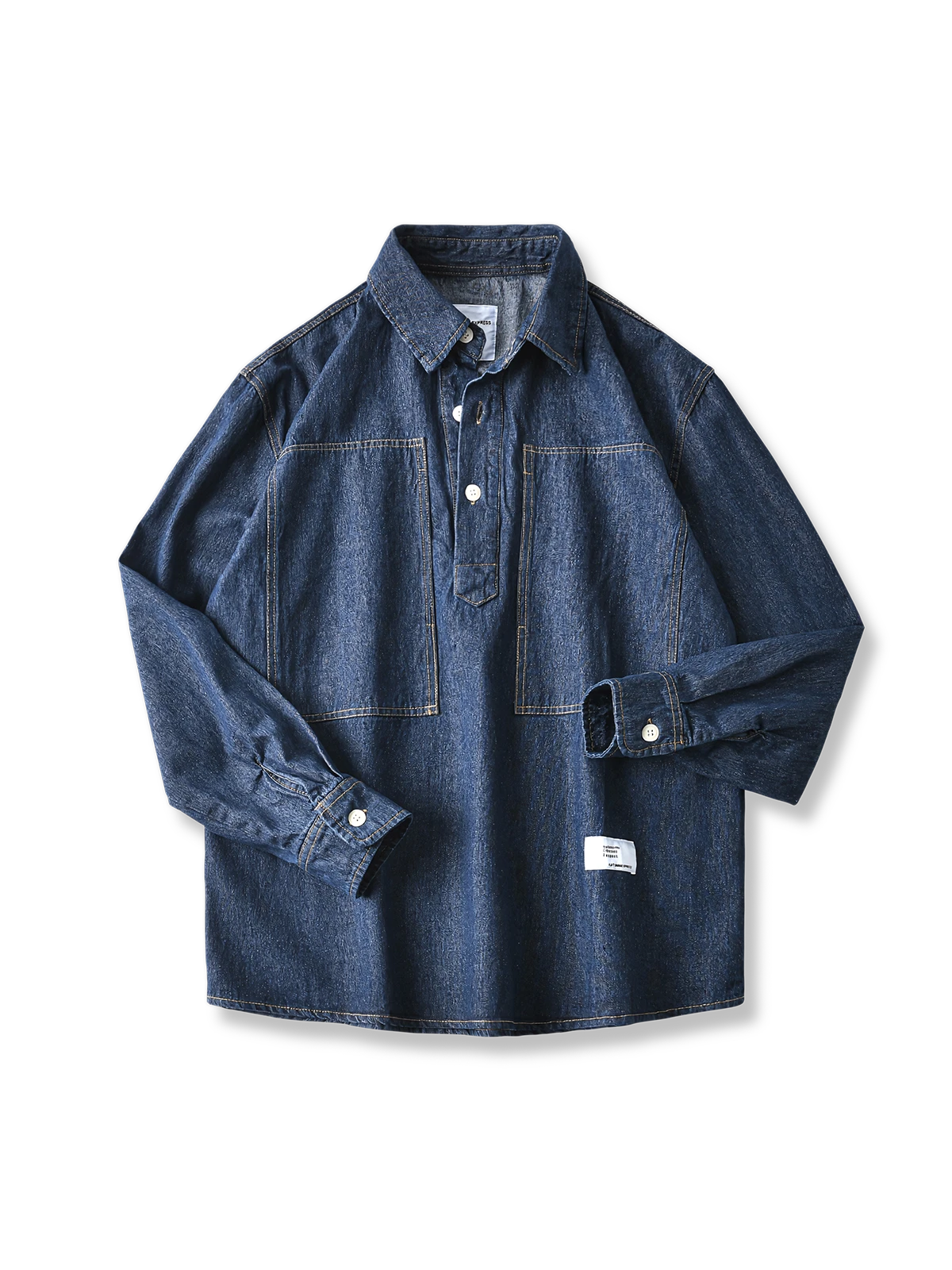 ハーフジップ デニム襟付き 長袖シャツ